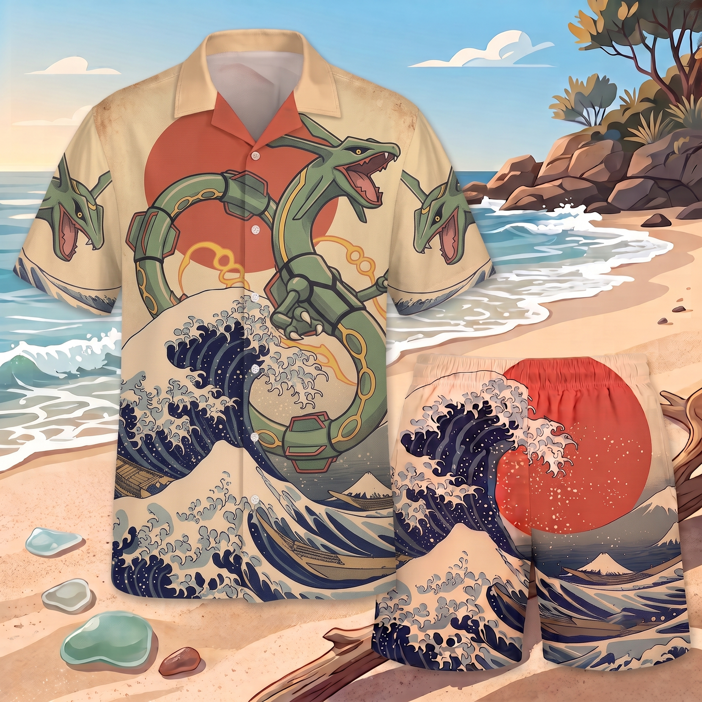 PKM Rayquaza Japanese Style Hawaiian Shirt & Shorts