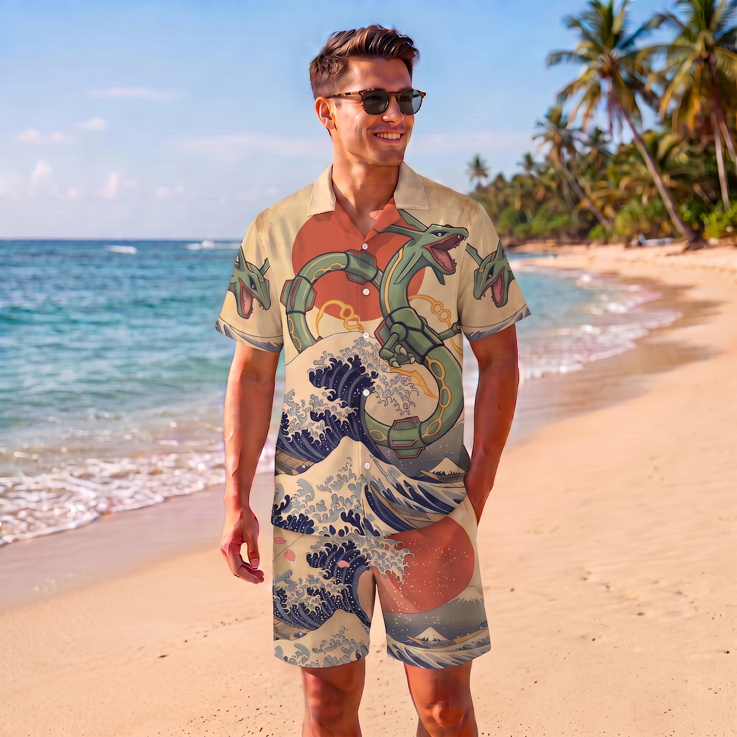 PKM Rayquaza Japanese Style Hawaiian Shirt & Shorts