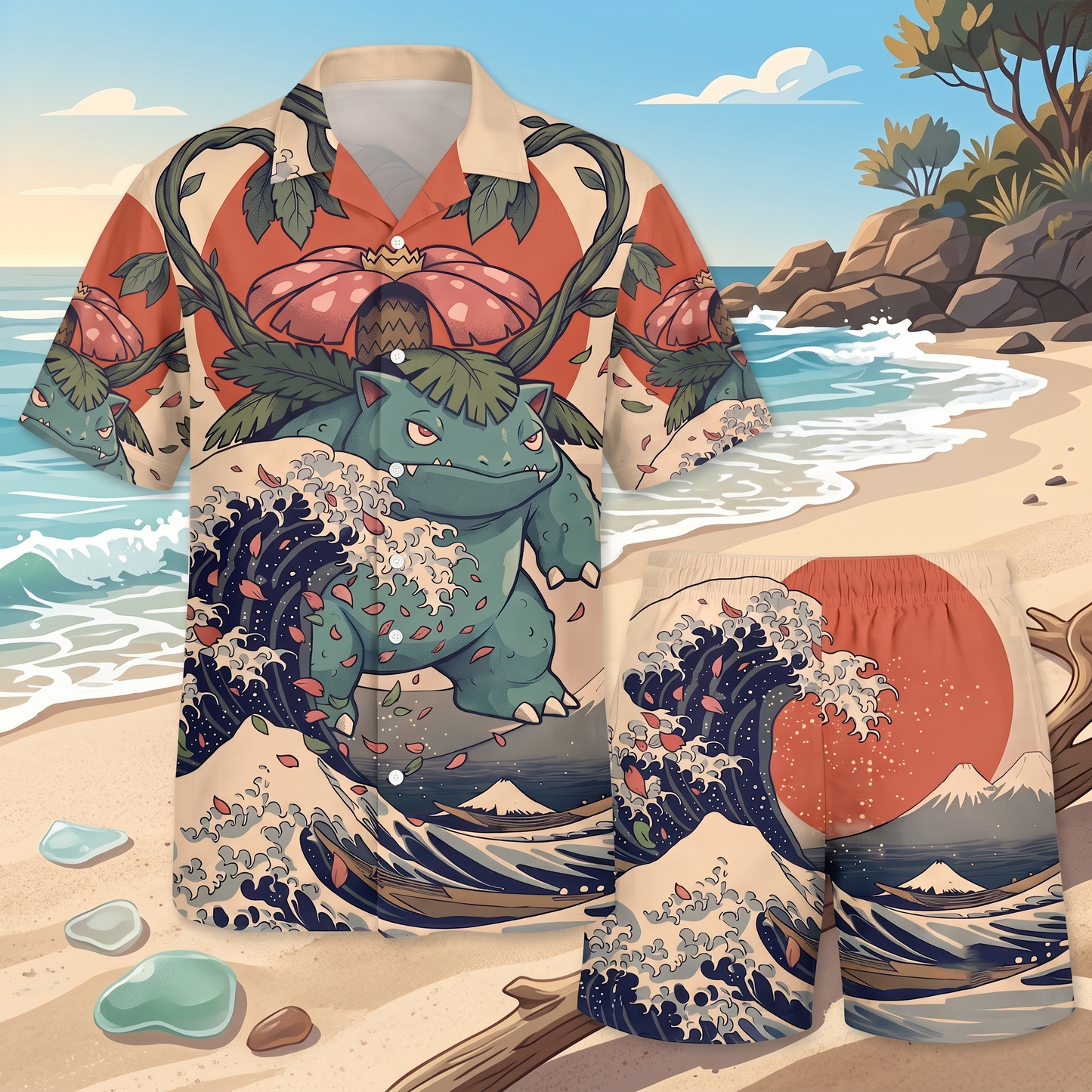 PKM Custom Poke Japanese Style Hawaiian Shirt & Shorts