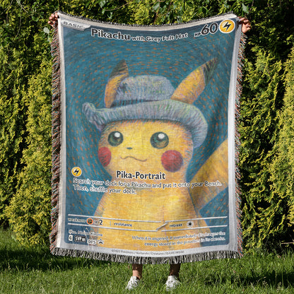 PKM Pikachu With Grey Felt Hat Custom Woven Blanket