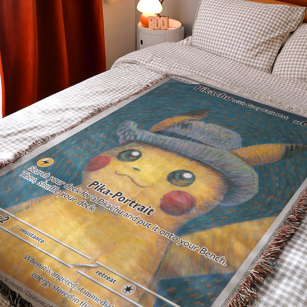 PKM Pikachu With Grey Felt Hat Custom Woven Blanket