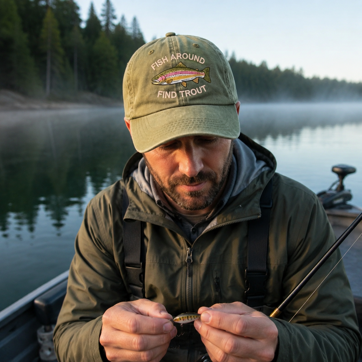 Embroidered Fishing Around Find Trout Dyed Cap
