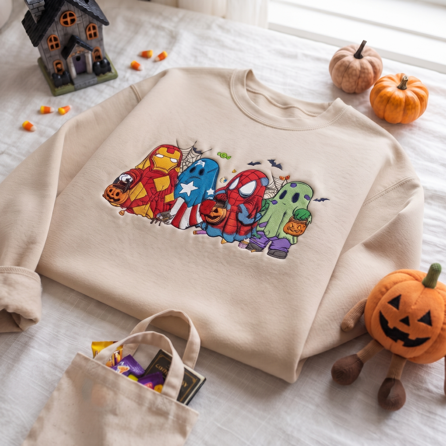 Custom Halloween Super Hero Character Embroidered Trick Or Treat SweatShirt